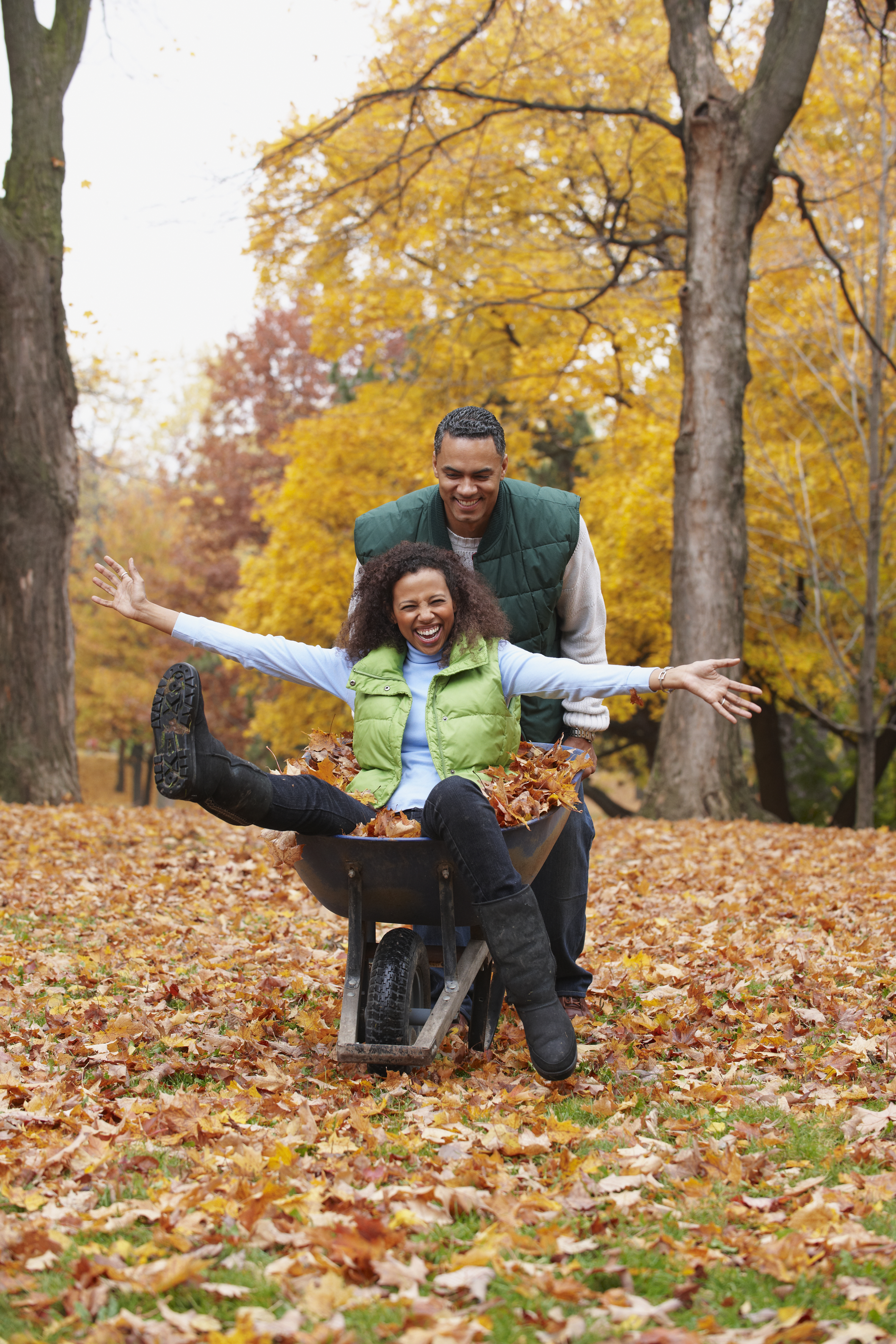 African American man pushing wife in wheelbarrow