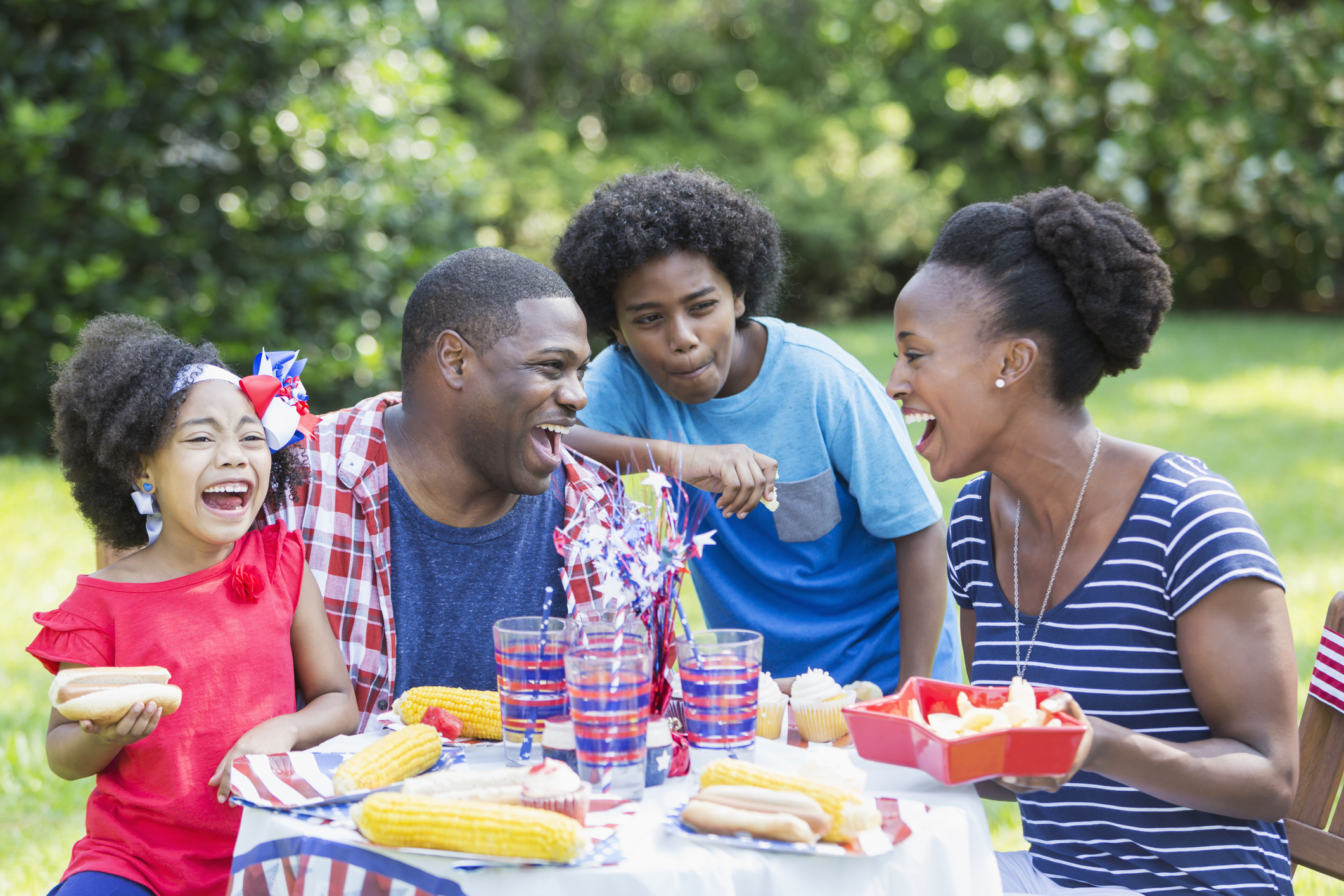 African American mixed race family at July 4th picnic