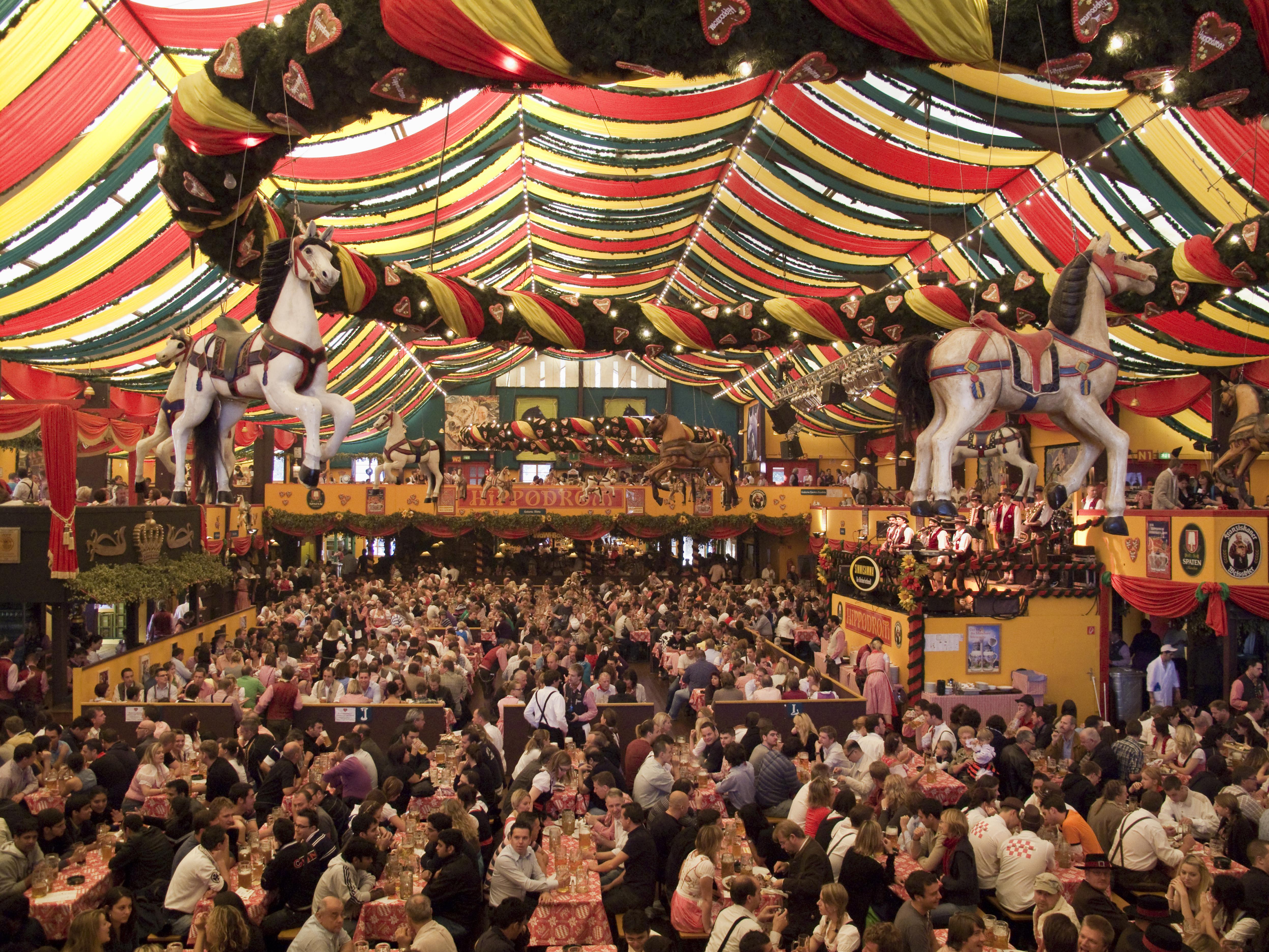 The interior of the Hippodrom Beer Tent, Oktoberfest, Munich, Germany