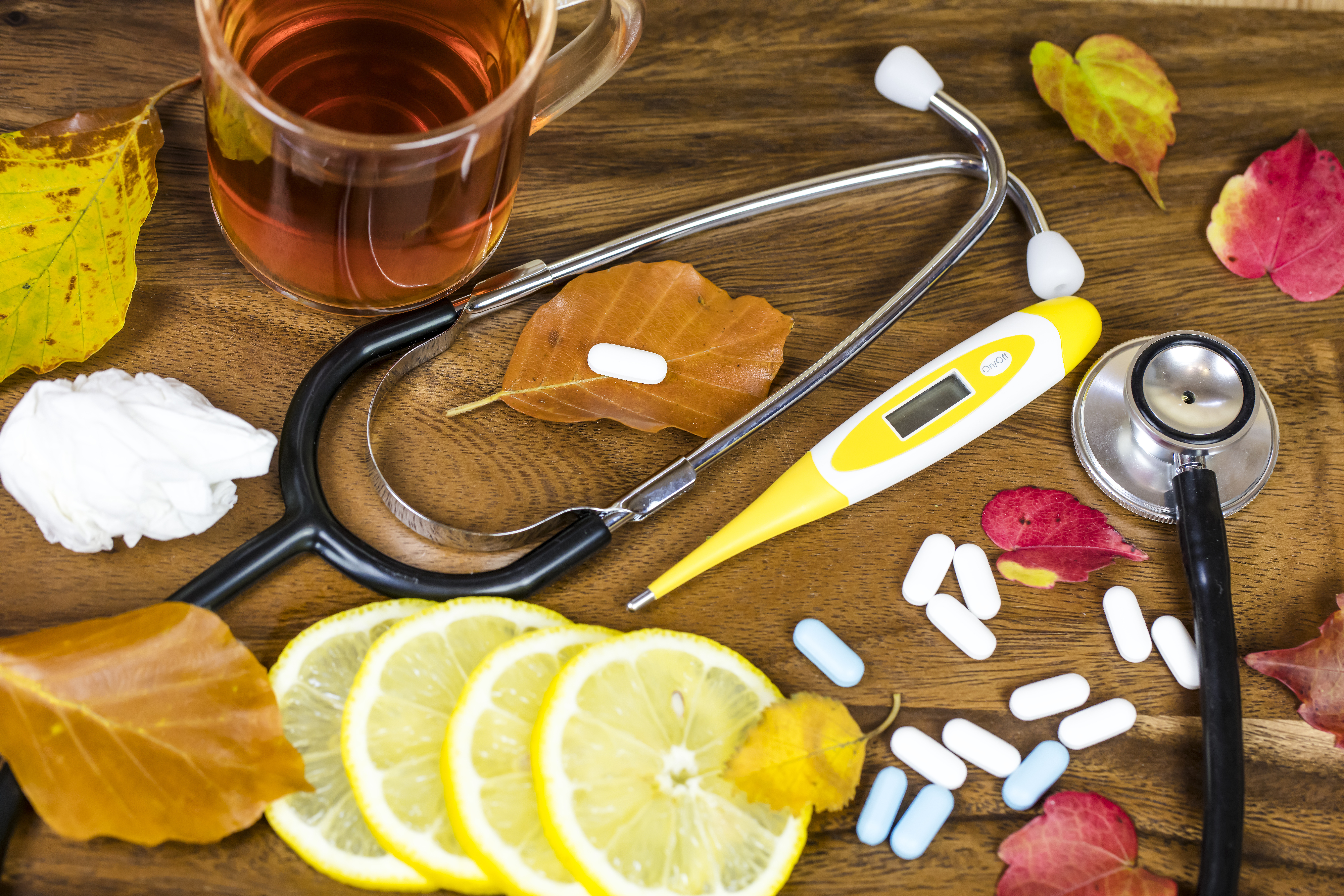 Stethoscope, Capsules and pills and Digital medical thermometer. Medical concept