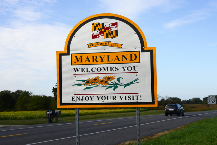 Welcome to Maryland road sign entering the state