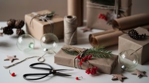 Zero waste and eco friendly christmas concept.Christmas and New Year gifts for family and friends wrapped in brown paper,rope and natural plant decor,tree branches,cones,berries,stars.Selective focus.